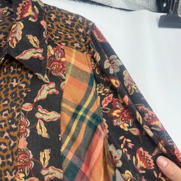 Soft Surroundings Top Button Down Shirt Mixed Print Plaid Animal Medium M Boho - Picture 5 of 9
